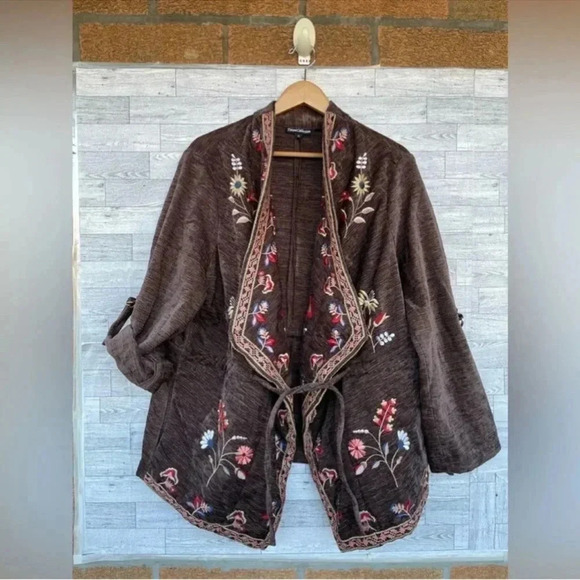 Tolani Collection Embroidered Jacket with Roll-Tab Sleeve - Brown XL - Picture 1 of 9